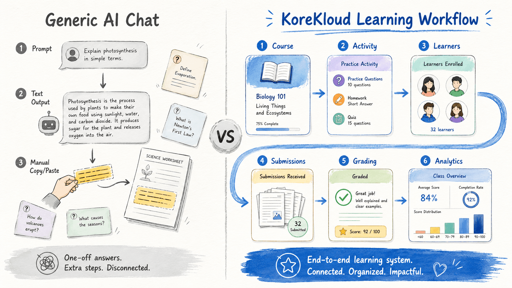 Visual comparison between generic AI chat and the KoreKloud learning workflow
